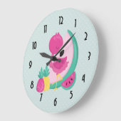 Rosa Flamingo mit Wassermelone u. Ananas Große Wanduhr (Winkel)
