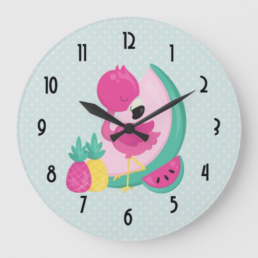Rosa Flamingo mit Wassermelone u. Ananas Große Wanduhr (Vorderseite)