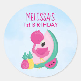 Rosa Flamingo mit Watermelon & Ananas Geburtstag Runder Aufkleber