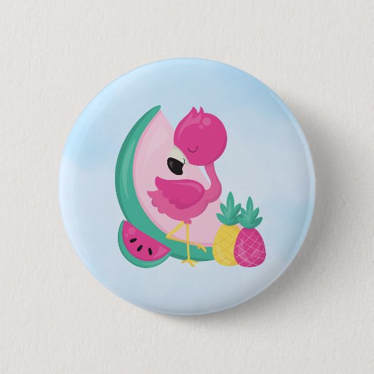 Rosa Flamingo mit Watermelon und Ananas Button (Vorderseite)
