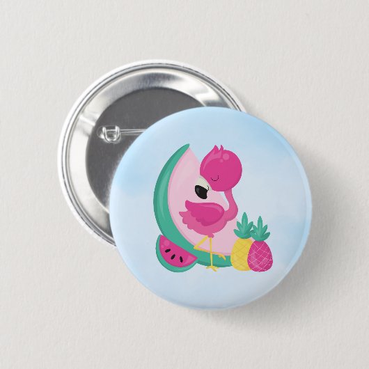 Rosa Flamingo mit Watermelon und Ananas Button (Vorne & Hinten)