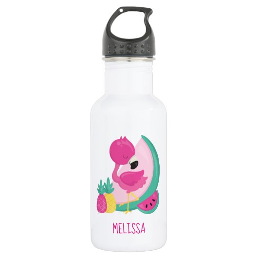 Rosa Flamingo mit Watermelon und Ananas Edelstahlflasche (Vorderseite)
