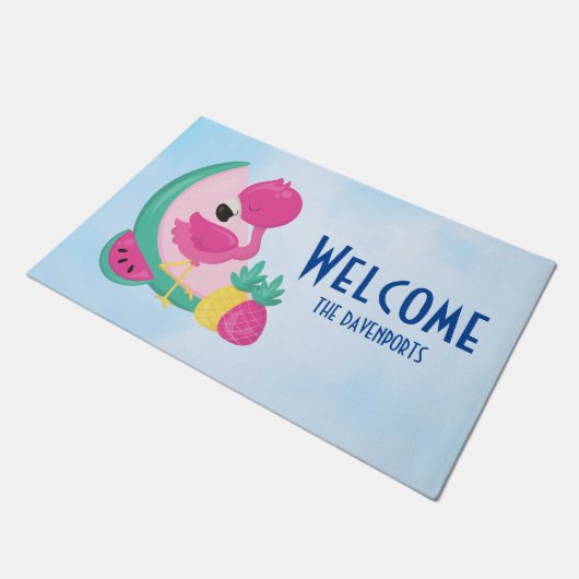 Rosa Flamingo mit Watermelon und Ananas Fußmatte (Schrägansicht)