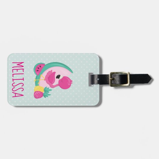 Rosa Flamingo mit Watermelon und Ananas Gepäckanhänger (Vorderseite horizontal)
