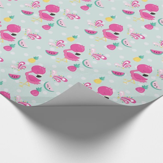 Rosa Flamingo mit Watermelon und Ananas Geschenkpapier (Ecke)