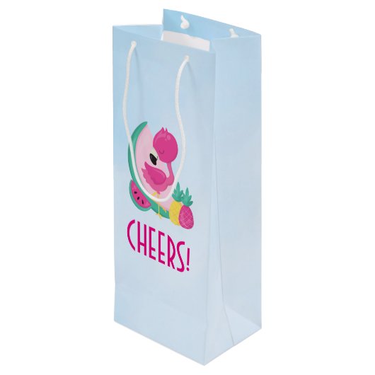Rosa Flamingo mit Watermelon und Ananas Geschenktüte Für Weinflaschen (Rückseite Schrägansicht)