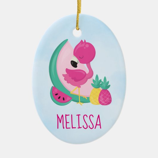 Rosa Flamingo mit Watermelon und Ananas Keramik Ornament (Vorne)