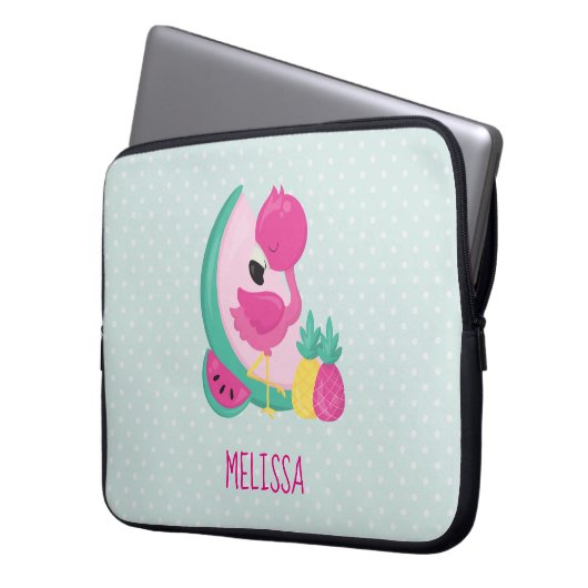 Rosa Flamingo mit Watermelon und Ananas Laptopschutzhülle (Vorderseite Links)