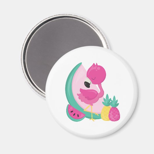Rosa Flamingo mit Watermelon und Ananas Magnet (Vorderseite/Rückseite)