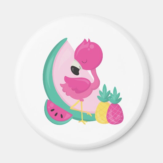 Rosa Flamingo mit Watermelon und Ananas Magnet (Vorne)