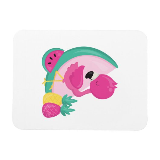 Rosa Flamingo mit Watermelon und Ananas Magnet (Horizontal)