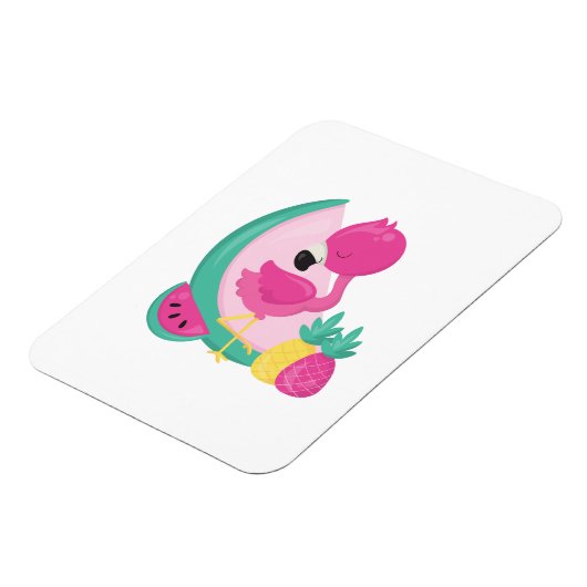Rosa Flamingo mit Watermelon und Ananas Magnet (Linke Seite)