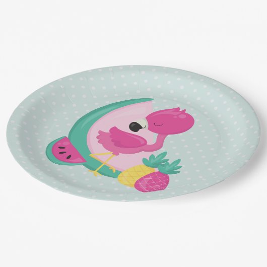 Rosa Flamingo mit Watermelon und Ananas Pappteller (Schrägansicht)