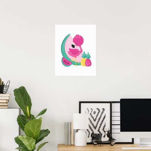 Rosa Flamingo mit Watermelon und Ananas Poster (Heimbüro)
