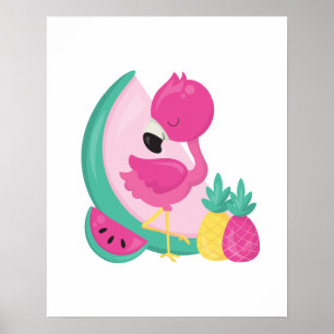 Rosa Flamingo mit Watermelon und Ananas Poster