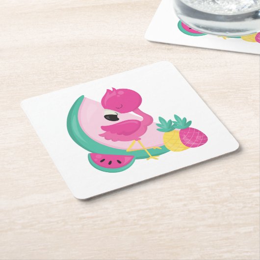 Rosa Flamingo mit Watermelon und Ananas Rechteckiger Pappuntersetzer (angewinkelt)