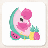 Rosa Flamingo mit Watermelon und Ananas Rechteckiger Pappuntersetzer (Vorderseite)