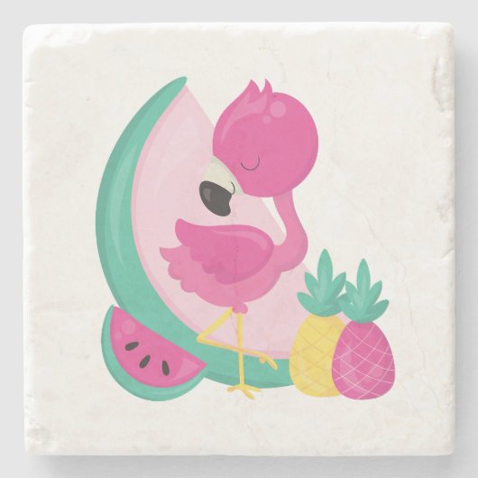 Rosa Flamingo mit Watermelon und Ananas Steinuntersetzer (Vorderseite)