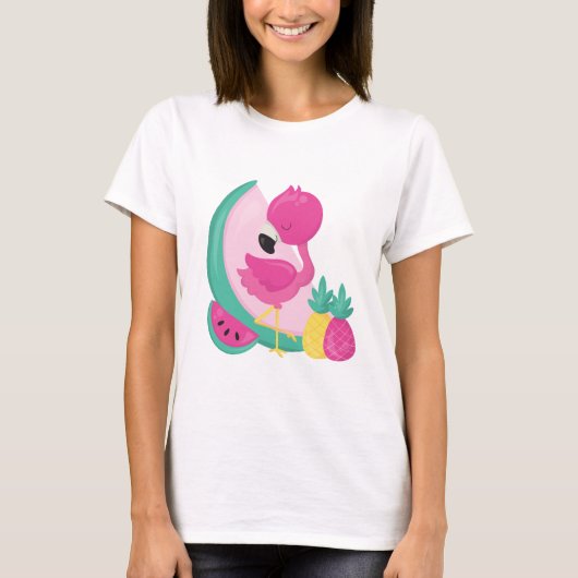 Rosa Flamingo mit Watermelon und Ananas T-Shirt (Vorderseite)