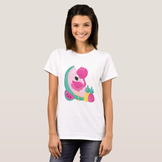 Rosa Flamingo mit Watermelon und Ananas T-Shirt (Vorne ganz)