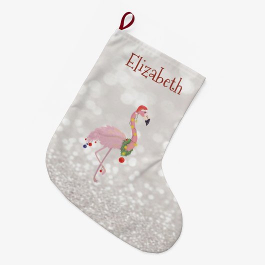 Rosa Flamingo mit Weihnachtsmannmütze, Glittery Bo Großer Weihnachtsstrumpf (Vorderansicht (hängend))