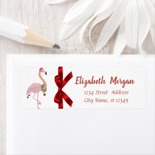 Rosa Flamingo mit Weihnachtsmannmütze, Roter Bow, (Insitu)