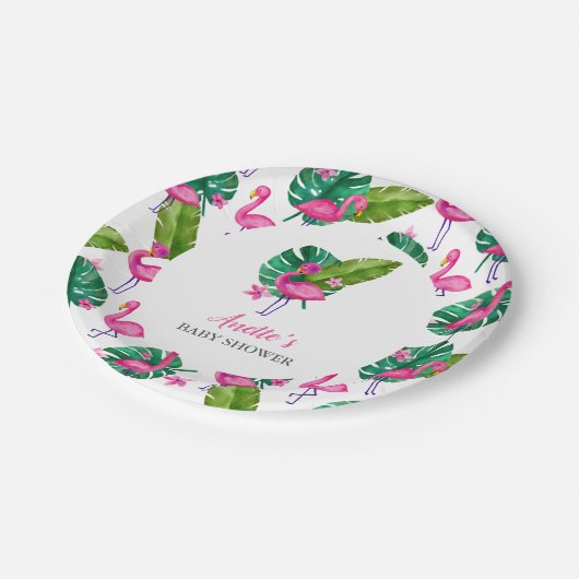 Rosa Flamingo Moderne Babydusche Papierplatte Pappteller (Schrägansicht)