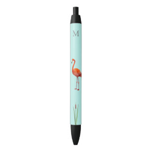 Rosa Flamingo & Monogramm auf Hellblau Kugelschreiber