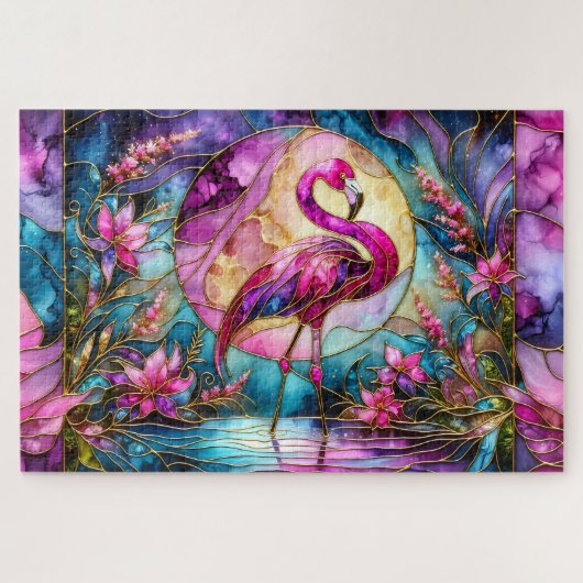 Rosa-Flamingo-Mosaik aus Buntglas Puzzle (Horizontal)
