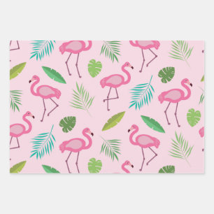 Rosa Flamingo-Muster mit tropischen Blättern Geschenkpapier Set