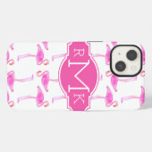 Rosa Flamingo-Muster | Monogramm iPhone Hülle (Rückseite (Horizontal))