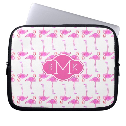 Rosa Flamingo-Muster | Monogramm Laptopschutzhülle (Vorderseite)