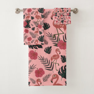 Rosa Flamingo nahtlose Muster Blume und Blätter Badhandtuch Set