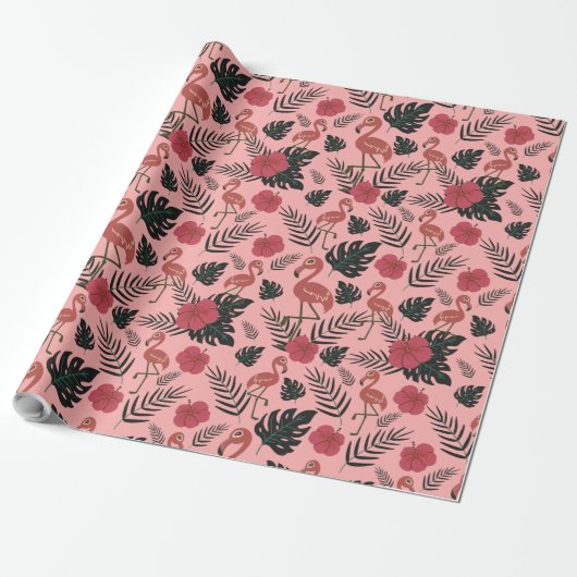 Rosa Flamingo nahtlose Muster Blume und Blätter Geschenkpapier (Ungerollt)