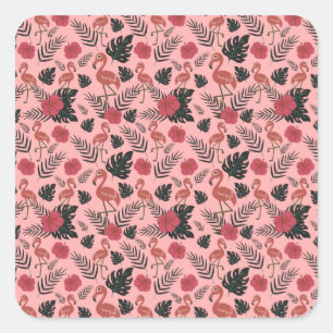 Rosa Flamingo nahtlose Muster Blume und Blätter Quadratischer Aufkleber