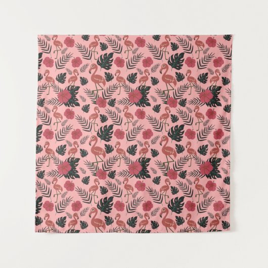 Rosa Flamingo nahtlose Muster Blume und Blätter Wandteppich (Vorderseite)