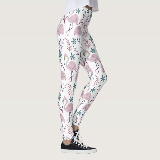 Rosa Flamingo nahtloses Muster auf weißem Hintergr Leggings (Rechts)