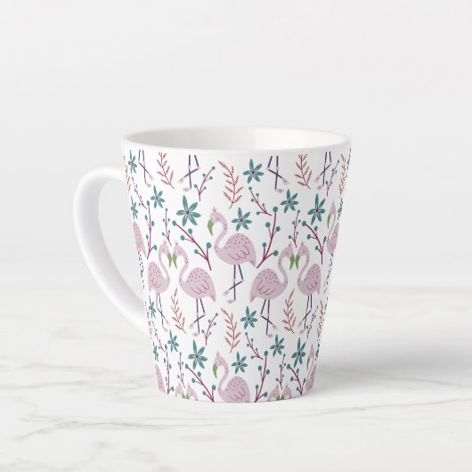 Rosa Flamingo nahtloses Muster auf weißem Hintergr Milchtasse (Linke Ecke)