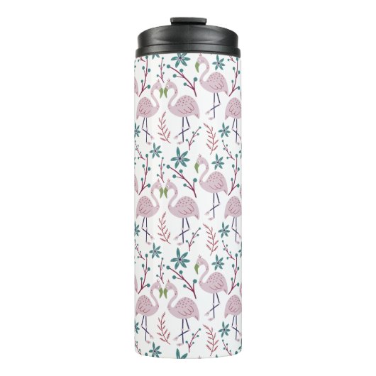 Rosa Flamingo nahtloses Muster auf weißem Hintergr Thermosbecher (Vorderseite)