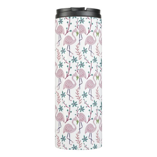 Rosa Flamingo nahtloses Muster auf weißem Hintergr Thermosbecher (Rückseite)