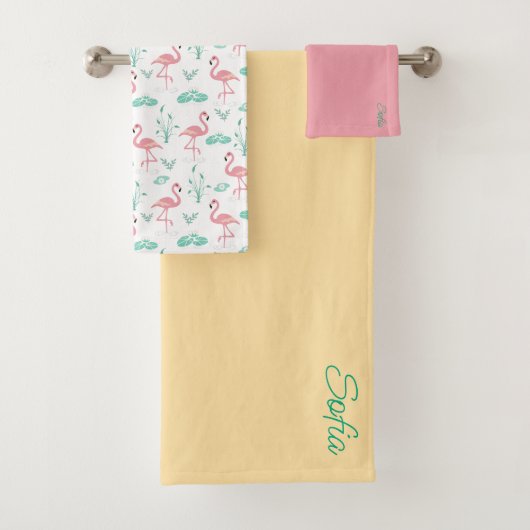 Rosa Flamingo niedlich-gelbes aquamarines Muster Badhandtuch Set (Insitu)