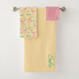 Rosa Flamingo niedlich-gelbes Muster Badhandtuch Set
