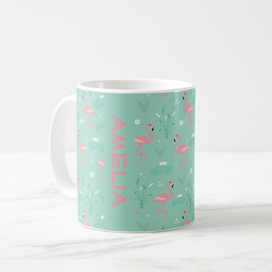Rosa Flamingo niedlicher grüner aquamariner Muster Kaffeetasse (Vorderseite Links)