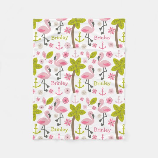 Rosa Flamingo-Palme-Strand personalisiert Fleecedecke (Vorderseite)