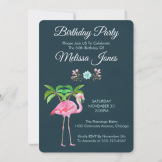 Rosa Flamingo Palmen und Sukkulturen Geburtstag Einladung
