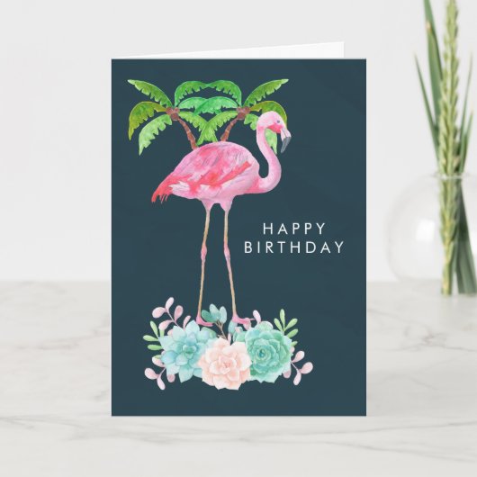 Rosa Flamingo Palmen und Sukkulturen Geburtstag Karte (Vorderseite)