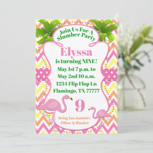 Rosa Flamingo-Party oder Schlummer-Party laden ein Einladung (Stehend Vorderseite)