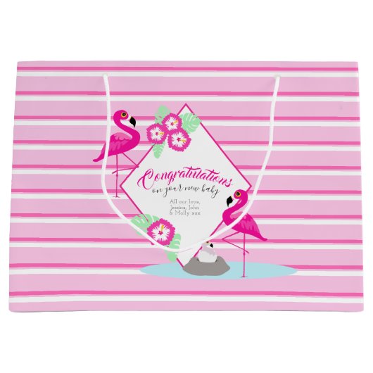 Rosa Flamingo personalisiertes Babyduschgeschenk T Große Geschenktüte (Vorderseite)