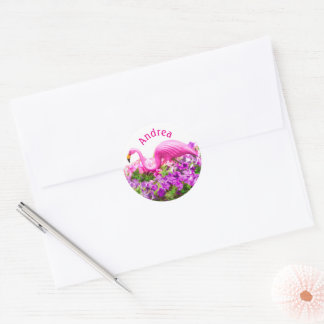 Rosa Flamingo Petunie Kunst mit individuellem Text Runder Aufkleber