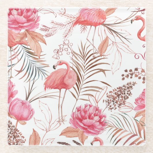 Rosa Flamingo, ponisches Aquarellmuster. Glasuntersetzer (Vorderseite)